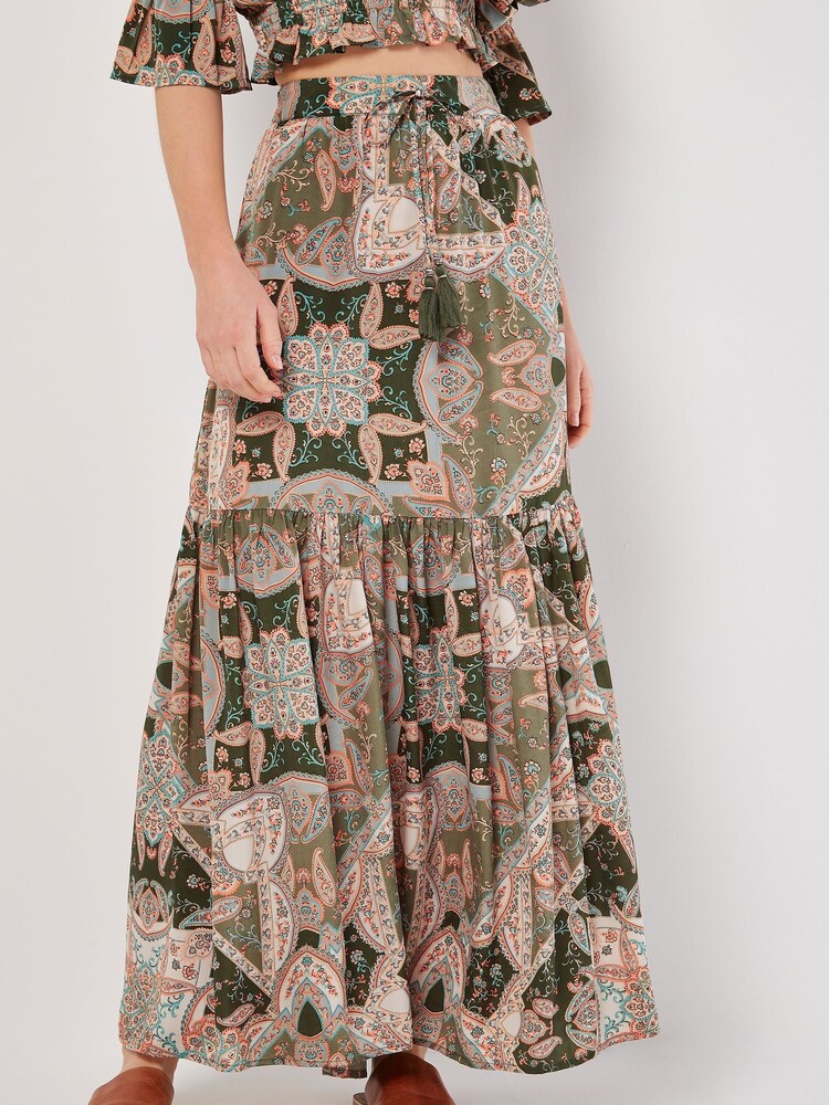 Apricot Green Scarf Print Tiered Long Skirt - Image 4 of 4