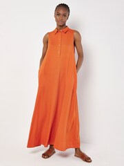 Apricot Orange Linen Blend Shirt Maxi Dress - Image 1 of 4