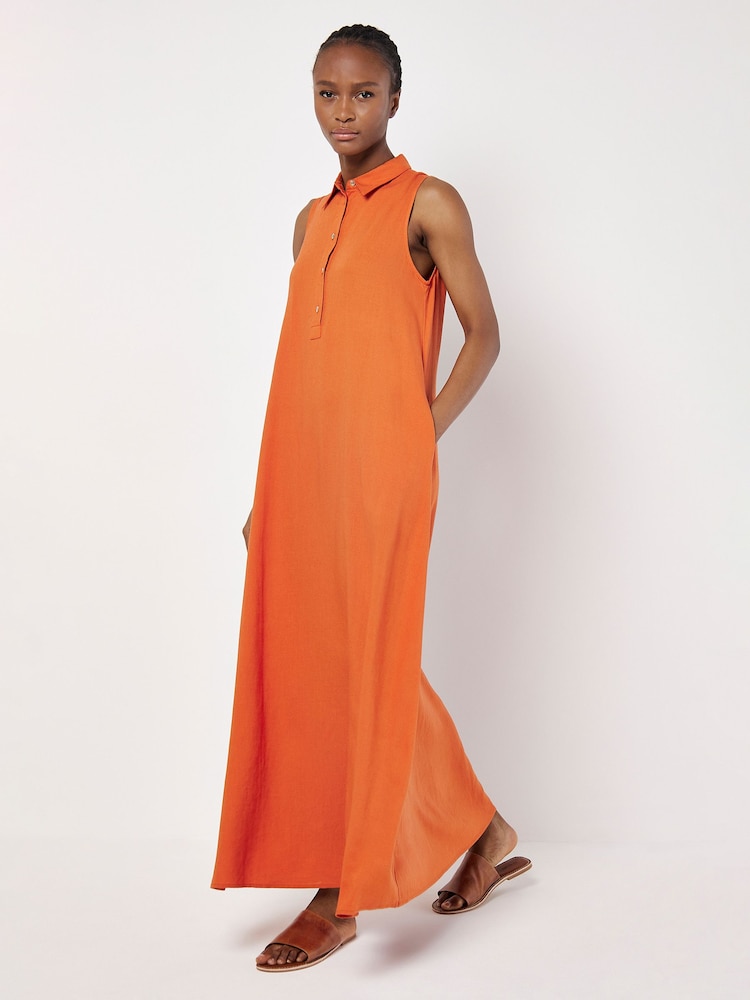 Apricot Orange Linen Blend Shirt Maxi Dress - Image 2 of 4