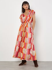 Apricot Pink Metallic Leaf Stripe Kimono Maxi Dress - Image 1 of 4