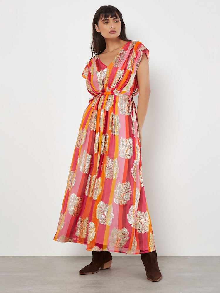 Apricot Pink Metallic Leaf Stripe Kimono Maxi Dress - Image 1 of 4