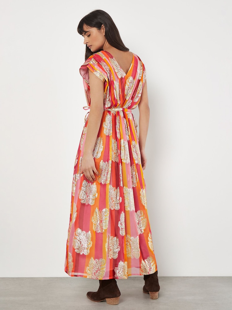 Apricot Pink Metallic Leaf Stripe Kimono Maxi Dress - Image 2 of 4