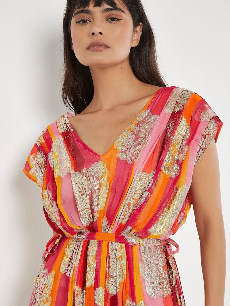 Apricot Pink Metallic Leaf Stripe Kimono Maxi Dress - Image 4 of 4 Apricot Pink Metallic Leaf Stripe Kimono Maxi Dress - Image 4 of 4