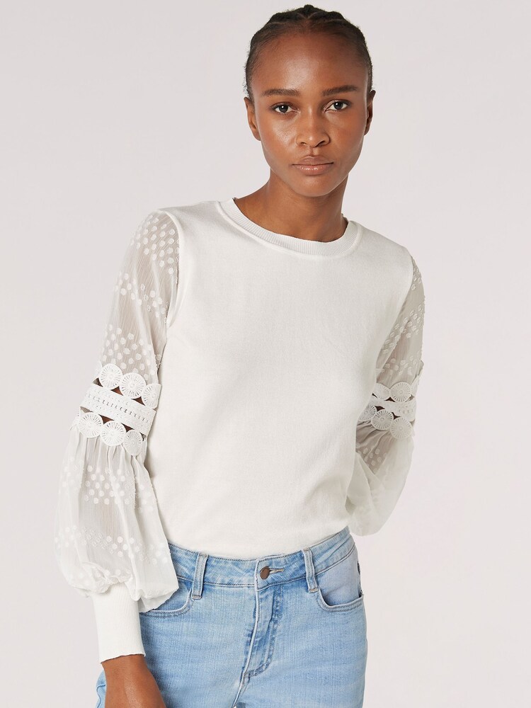 Apricot Cream Chiffon And Crochet Sleeve Jumper - Image 1 of 5