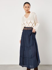 Apricot Blue Slub Shimmer Belt Maxi Skirt - Image 1 of 4