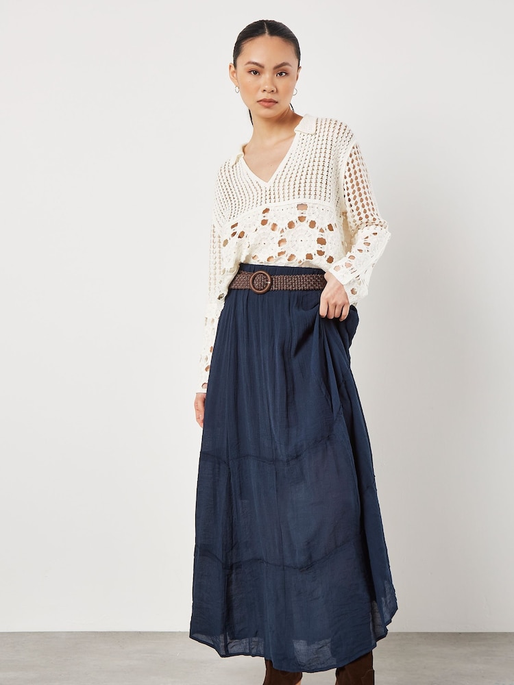 Apricot Blue Slub Shimmer Belt Maxi Skirt - Image 1 of 4