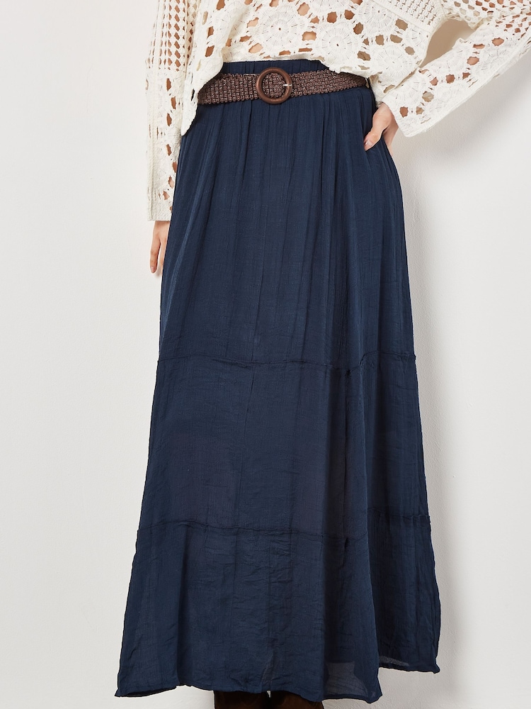 Apricot Blue Slub Shimmer Belt Maxi Skirt - Image 2 of 4