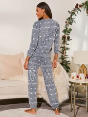 Lipsy Grey Cosy Fairisle Fleece Long Sleeve Pyjama Set - Image 3 of 4
