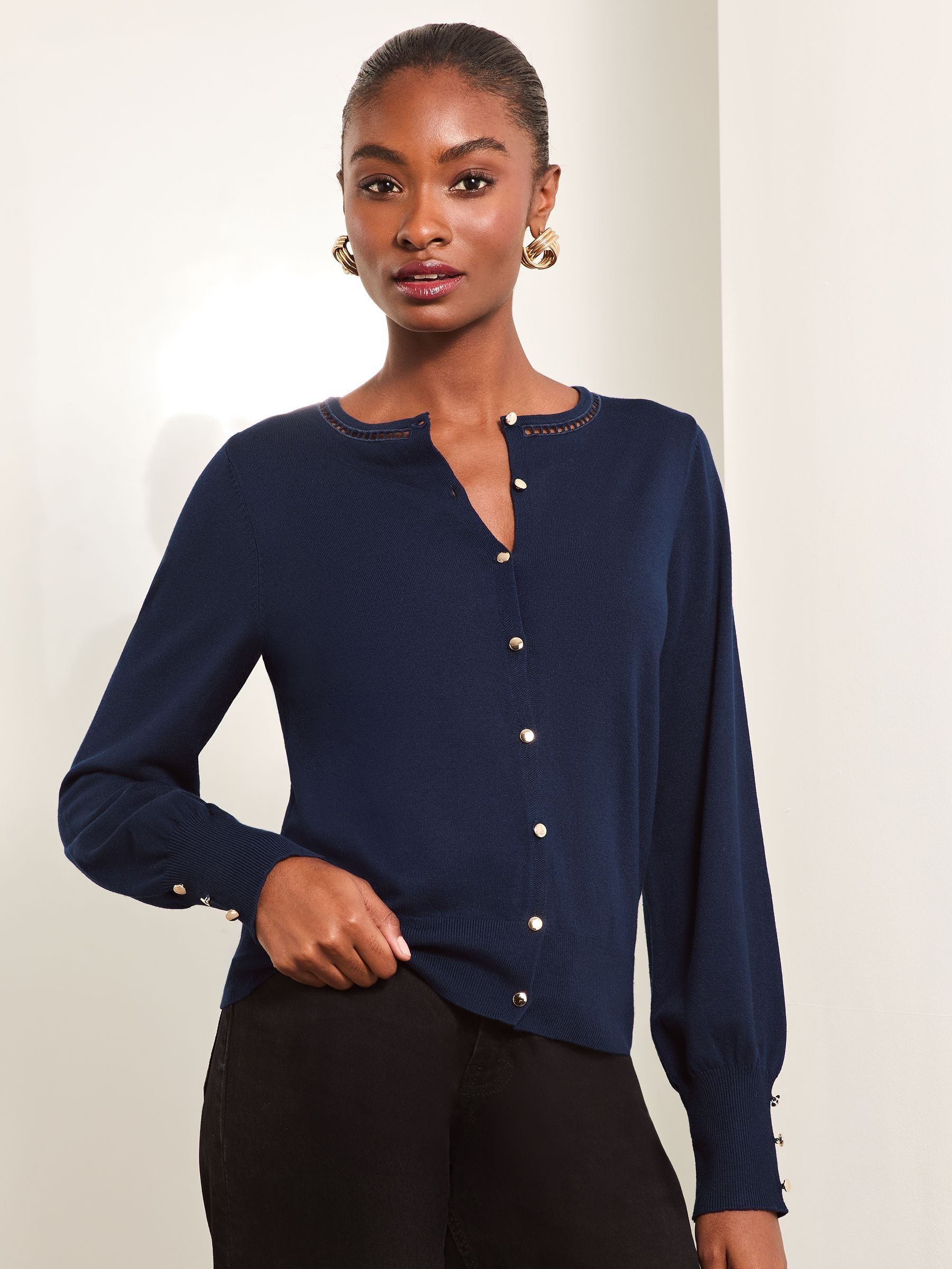 Navy round neck cardigan sale