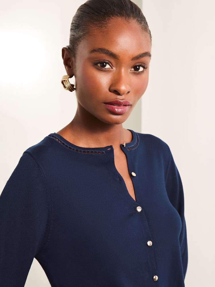 Lipsy Navy Blue Ladder Trim Knitted Crew Neck Cardigan - Image 3 of 4
