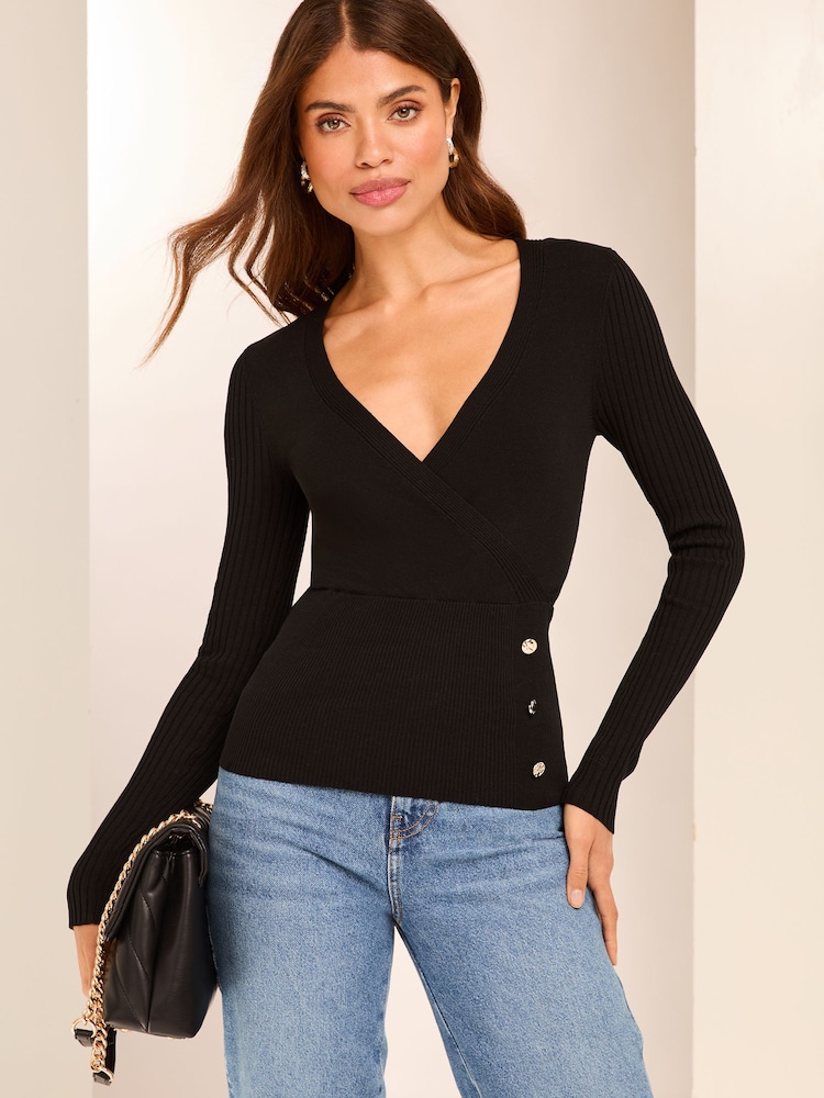 Lipsy Black Wrap Detail Knitted Top - Image 1 of 4