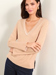Lipsy Camel Knitted V Neck Tipped Jumper - Image 1 of 4