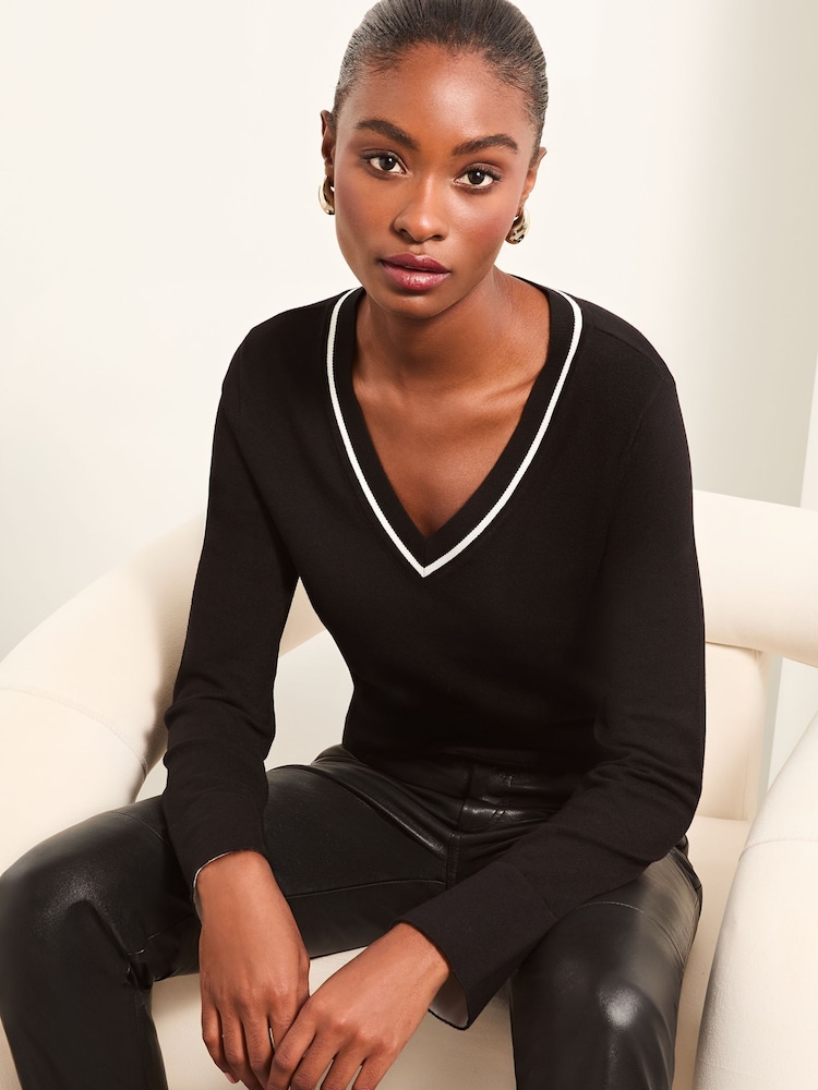 Lipsy Black Petite Knitted V Neck Tipped Jumper - Image 1 of 4 Lipsy Black Petite Knitted V Neck Tipped Jumper - Image 1 of 4