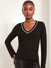 Lipsy Black Petite Knitted V Neck Tipped Jumper - Image 2 of 4