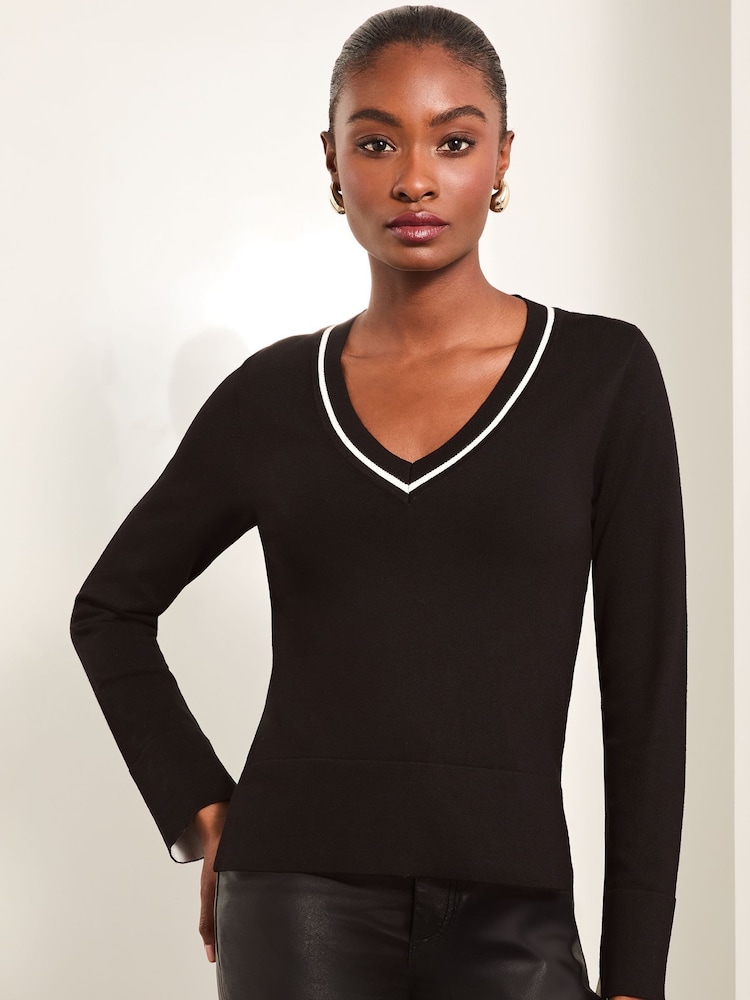 Lipsy Black Petite Knitted V Neck Tipped Jumper - Image 2 of 4 Lipsy Black Petite Knitted V Neck Tipped Jumper - Image 2 of 4