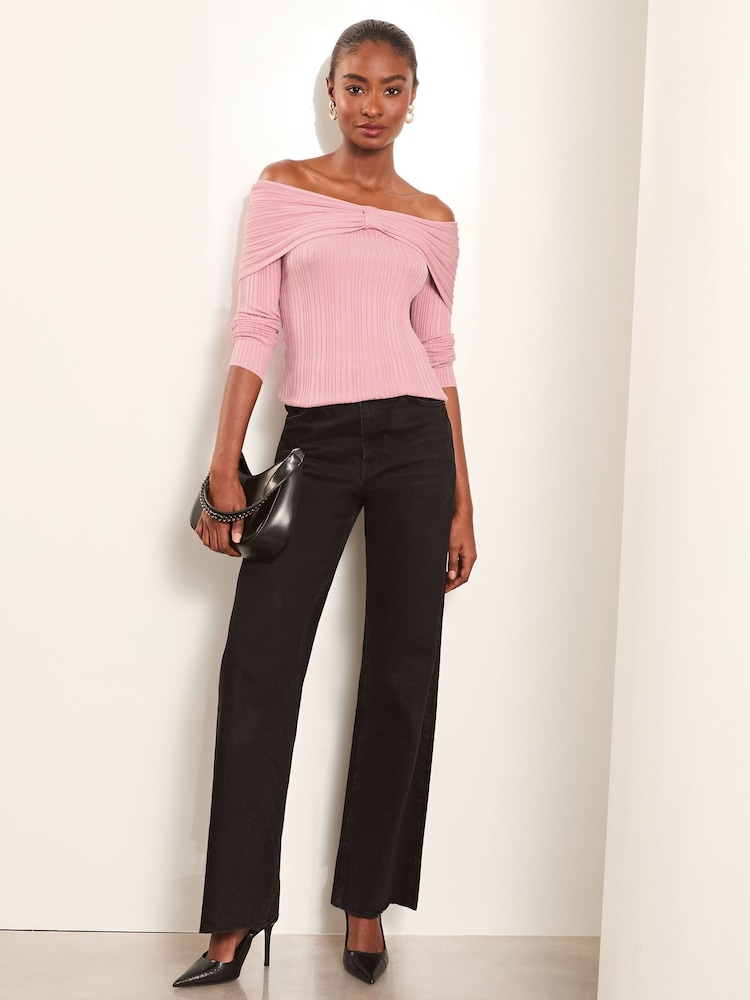 Lipsy Pink Petite Knitted Bow Detail Ribbed Jumper - Image 2 of 4
