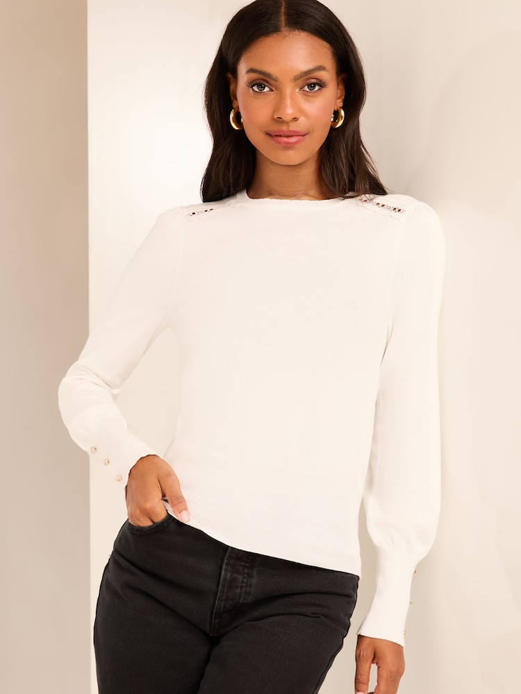 Lipsy Ivory White Lace Insert Scallop Knit Jumper - Image 4 of 4