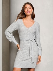 Lipsy Grey V Neck Cable Knitted Dress - Image 1 of 4