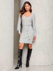 Lipsy Grey V Neck Cable Knitted Dress - Image 3 of 4