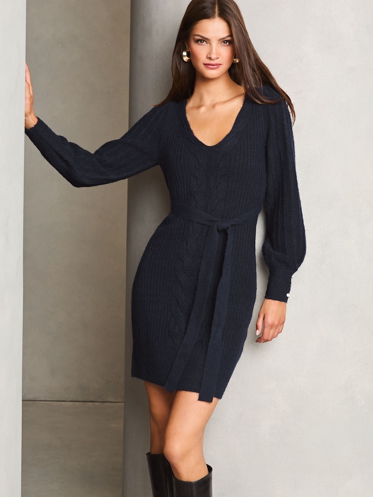 Lipsy Navy Blue V Neck Cable Knitted Dress - Image 1 of 4