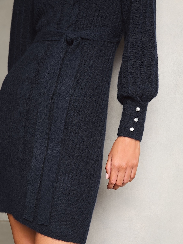 Lipsy Navy Blue V Neck Cable Knitted Dress - Image 2 of 4