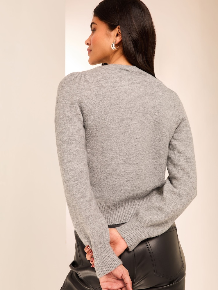 siva - Lipsy Diamante Trim z gumbi po celotni dolžini Pletena pletena jopa - Slika 2 iz 4