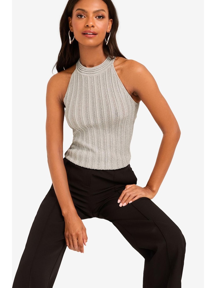 Lipsy Silver Metallic Knitted Halter Neck Vest Top - Image 2 of 4 Lipsy Silver Metallic Knitted Halter Neck Vest Top - Image 2 of 4
