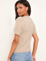 Lipsy Camel Cable Knitted Short Sleeve Embellished Jumper - Image 4 of 4