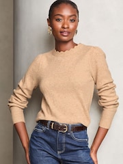 Lipsy Beige Knitted Wool Blend Scalloped Neck Jumper - Image 1 of 4