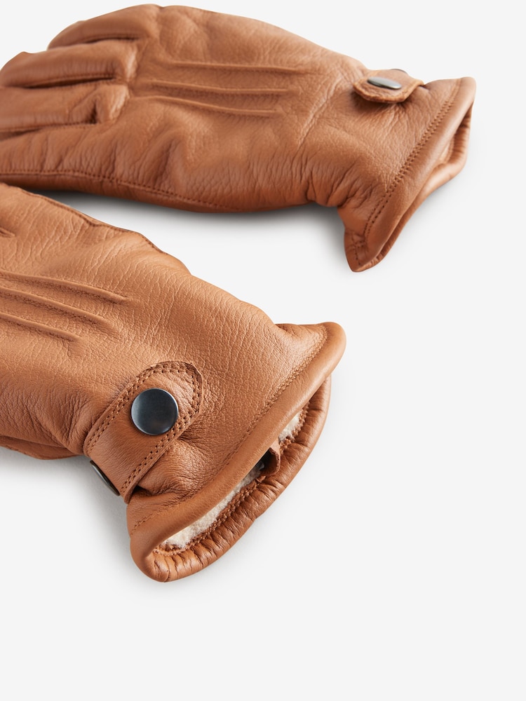 Tan Brown Leather Borg Lined Gloves - Image 6 of 6
