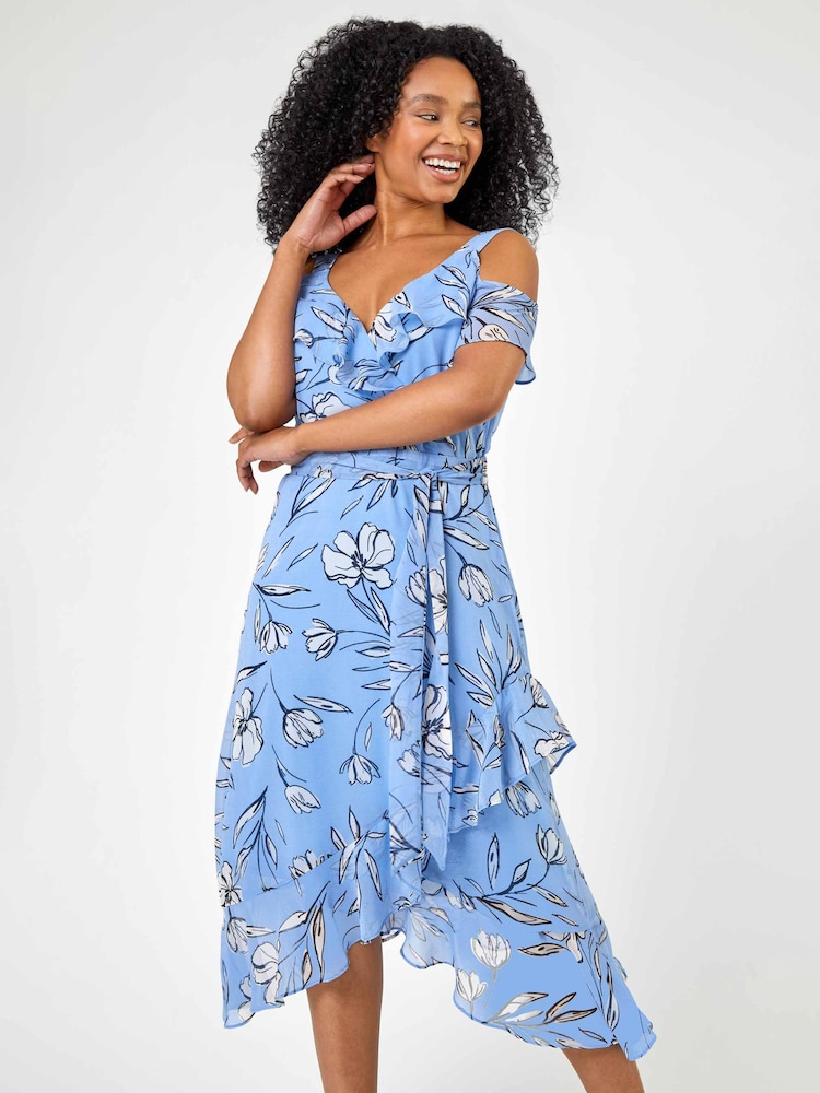 Roman Blue Petite Floral Print Cold Shoulder Midi Dress - Image 1 of 5
