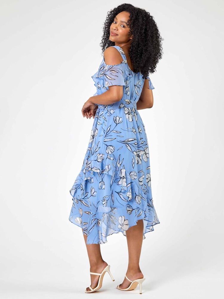 Roman Blue Petite Floral Print Cold Shoulder Midi Dress - Image 2 of 5