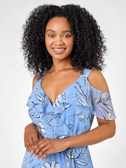 Roman Blue Petite Floral Print Cold Shoulder Midi Dress - Image 4 of 5