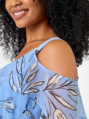 Roman Blue Petite Floral Print Cold Shoulder Midi Dress - Image 5 of 5