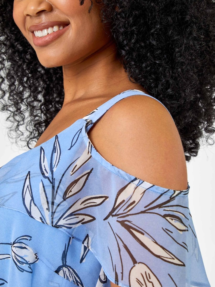 Roman Blue Petite Floral Print Cold Shoulder Midi Dress - Image 5 of 5