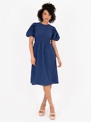 Lovedrobe Blue Cross-Over Elasticated Detail Waist Textured 100% Cotton Midi Dress - Image 1 of 5