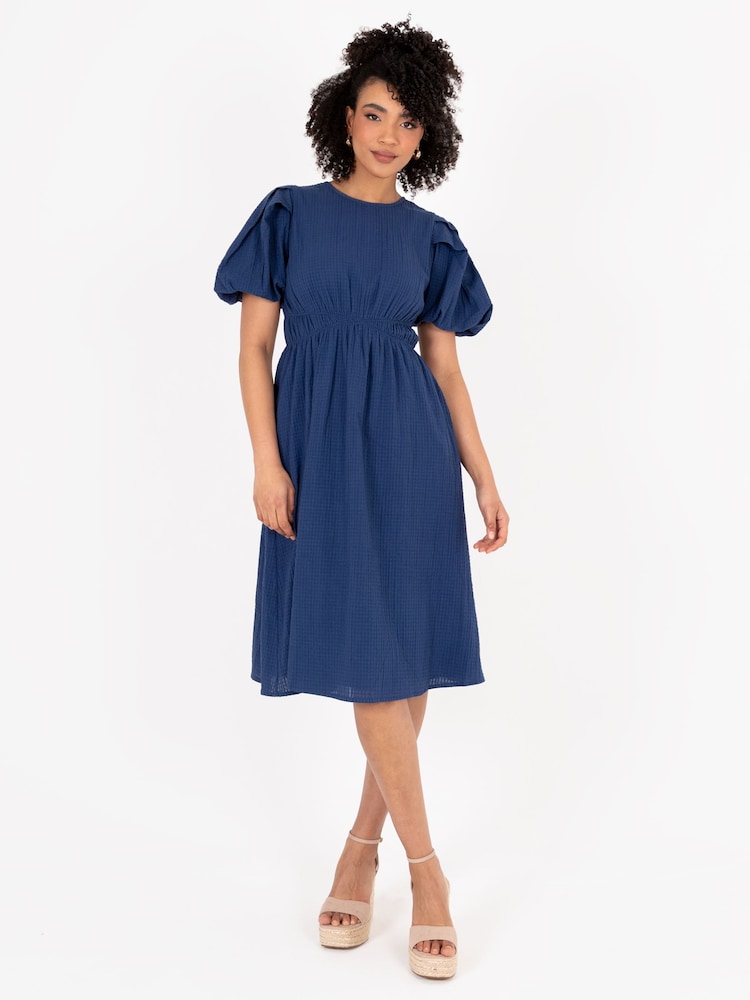 Lovedrobe Blue Cross-Over Elasticated Detail Waist Textured 100% Cotton Midi Dress - Image 1 of 5