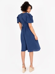 Lovedrobe Blue Cross-Over Elasticated Detail Waist Textured 100% Cotton Midi Dress - Image 2 of 5