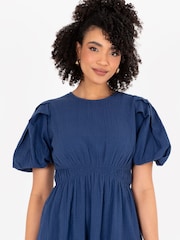 Lovedrobe Blue Cross-Over Elasticated Detail Waist Textured 100% Cotton Midi Dress - Image 3 of 5