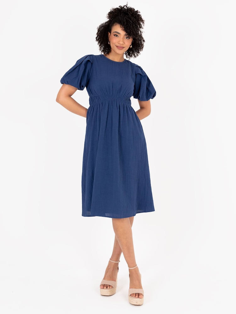 Lovedrobe Blue Cross-Over Elasticated Detail Waist Textured 100% Cotton Midi Dress - Image 5 of 5