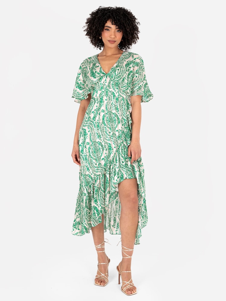 Lovedrobe Cape Sleeve Blue Frill Wrap Hem Midaxi Dress - Image 1 of 5
