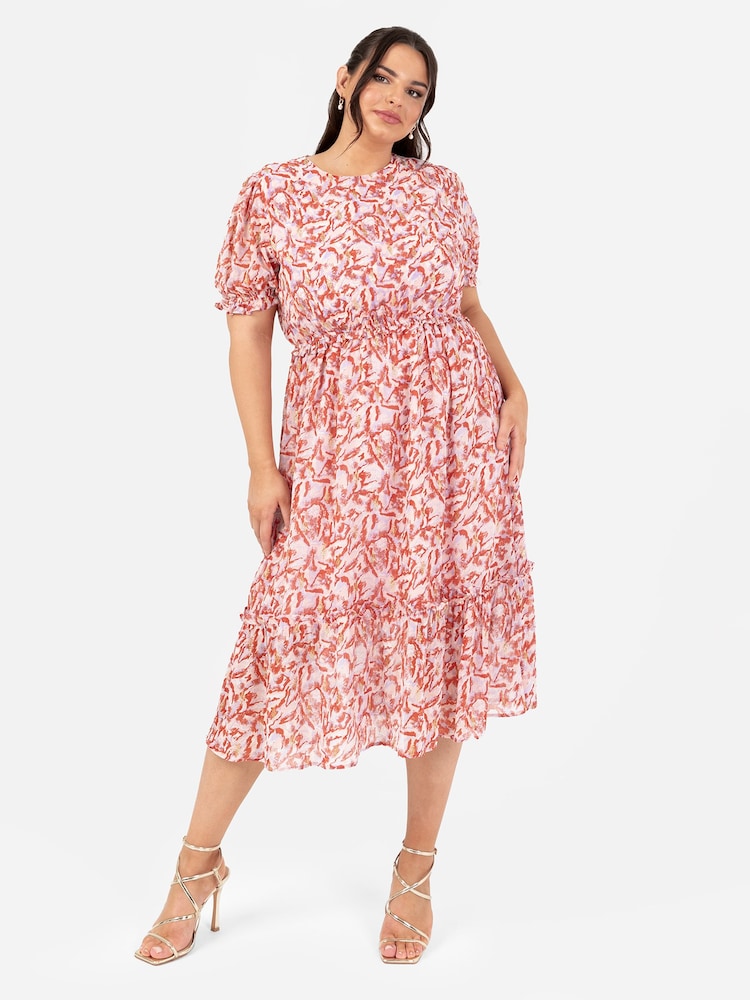 Lovedrobe Orange Puff Sleeve Tiered Hem Midi Dress With Frills - Image 1 of 4