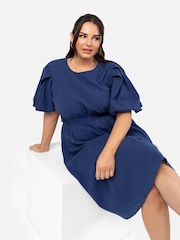Lovedrobe Blue Cross-Over Elasticated Detail Waist Textured 100% Cotton Midi Dress - Image 1 of 5
