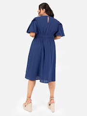 Lovedrobe Blue Cross-Over Elasticated Detail Waist Textured 100% Cotton Midi Dress - Image 2 of 5