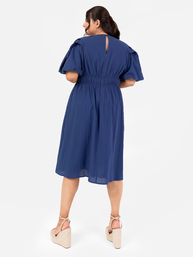 Lovedrobe Blue Cross-Over Elasticated Detail Waist Textured 100% Cotton Midi Dress - Image 2 of 5