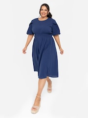 Lovedrobe Blue Cross-Over Elasticated Detail Waist Textured 100% Cotton Midi Dress - Image 3 of 5