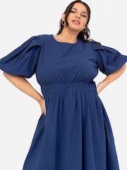 Lovedrobe Blue Cross-Over Elasticated Detail Waist Textured 100% Cotton Midi Dress - Image 4 of 5
