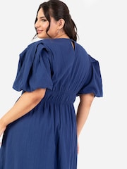Lovedrobe Blue Cross-Over Elasticated Detail Waist Textured 100% Cotton Midi Dress - Image 5 of 5
