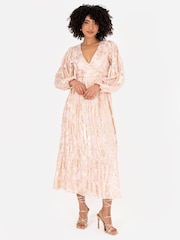 Lovedrobe Nude Long Sleeve Foiled Wrap Front Midaxi Dress - Image 1 of 6