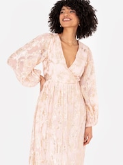 Lovedrobe Nude Long Sleeve Foiled Wrap Front Midaxi Dress - Image 5 of 6